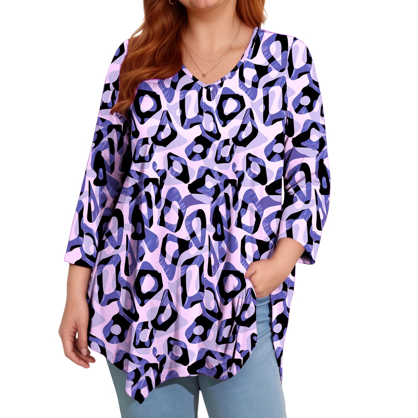 Sprinmer Womens Plus Size Blouses Casual 3/4 Sleeve Loose Fit Paisley Shirts for Leggings