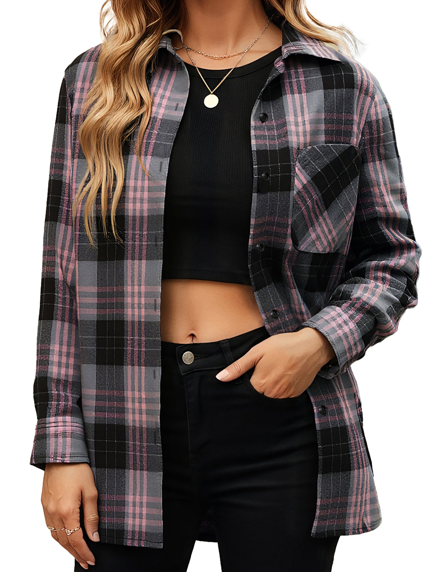 Sprinmer Plaid Shirts for Women Casual Flannel Long Sleeve Button Down Shirt