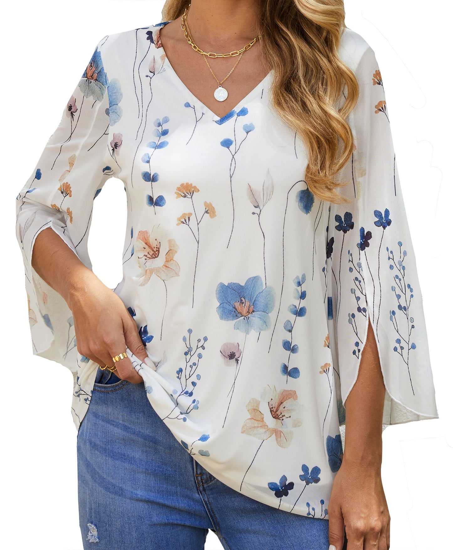 Sprinmer 3/4 Sleeve Dressy Blouses for Women Ruffle Double Layers Mesh V Neck Lightweight Tunic Tops