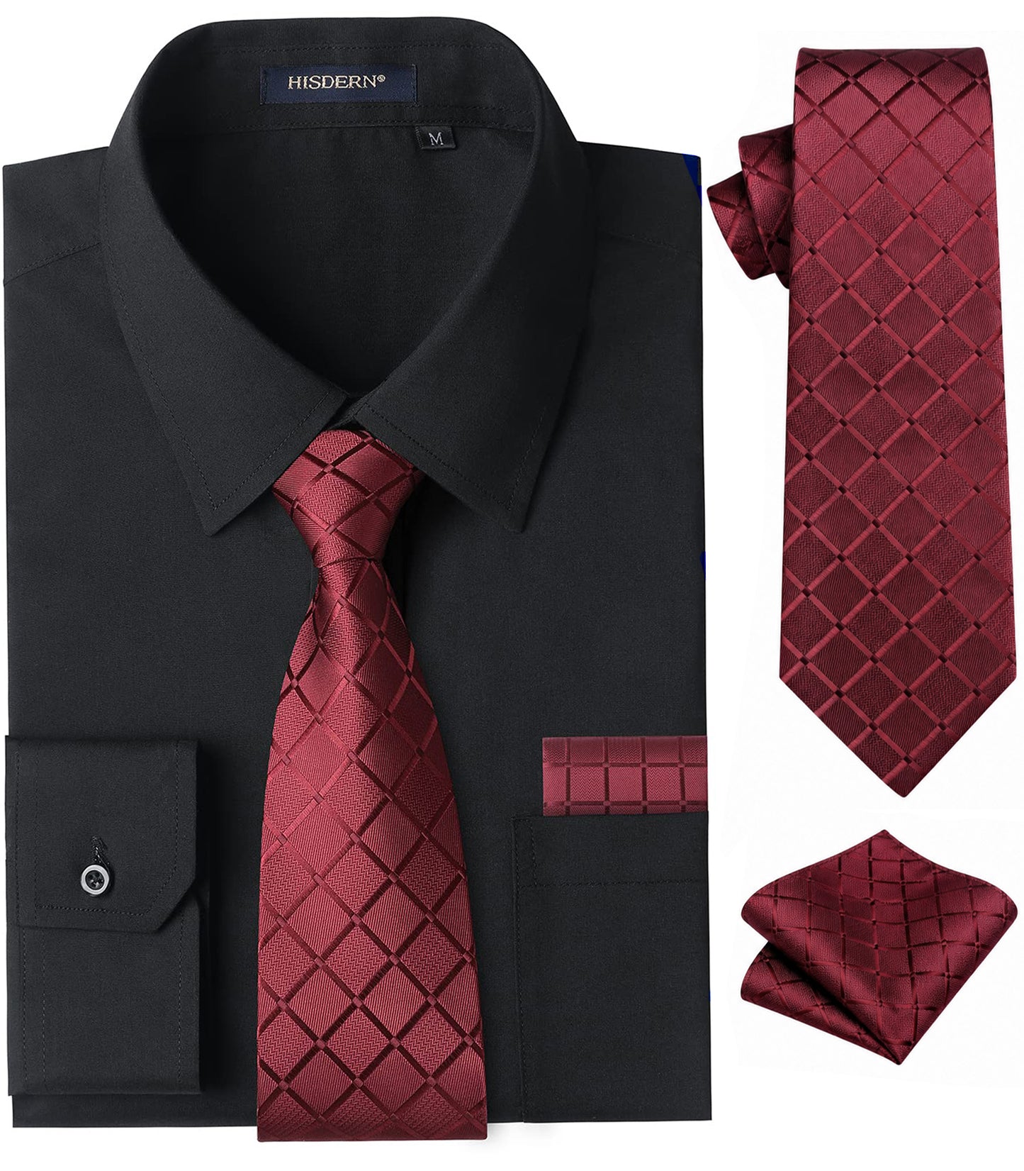 HISDERN Mens Solid Dress Shirt Long Sleeve with Matching Tie & Handkerchief Set Button Down Shirts