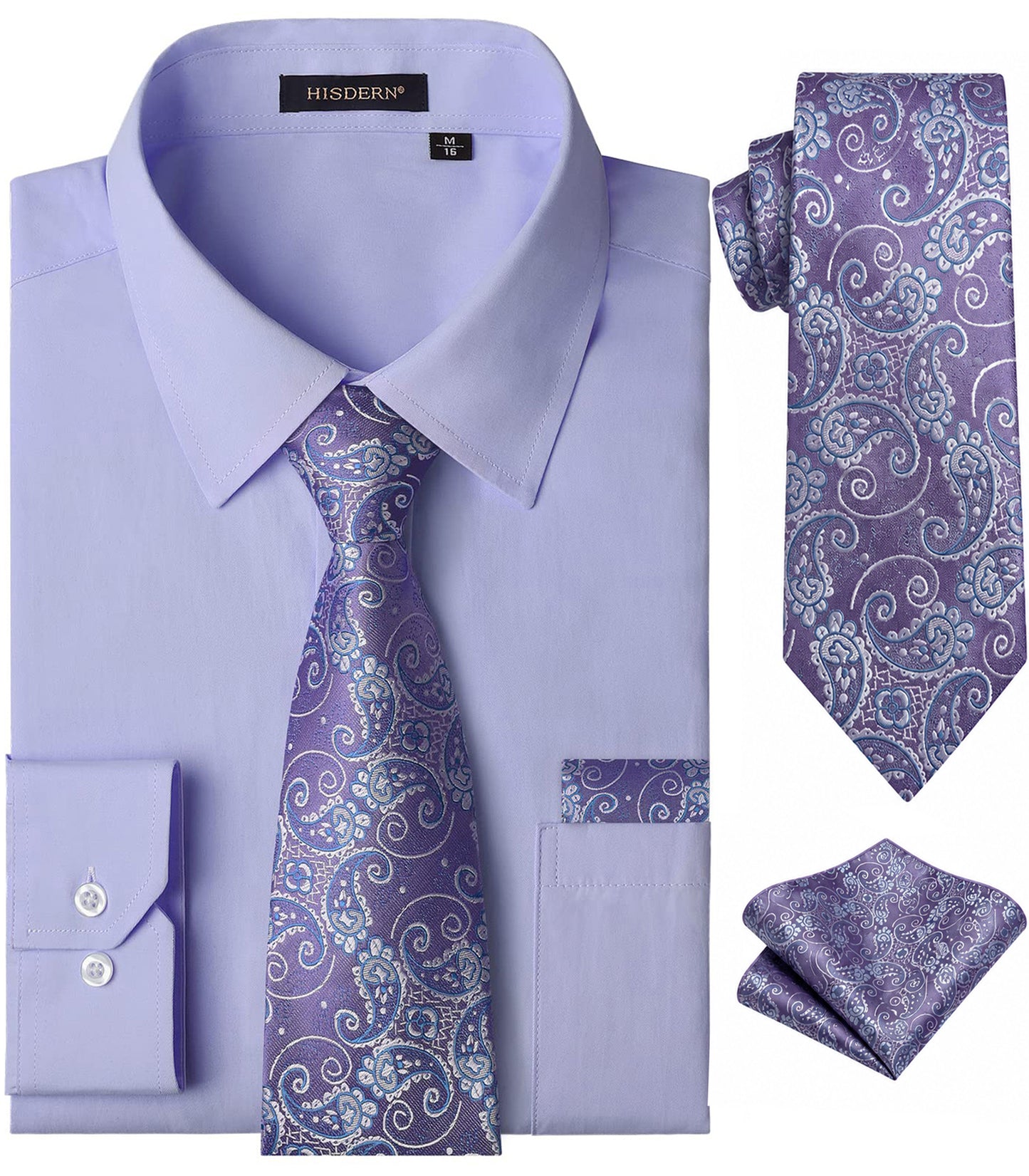 HISDERN Mens Solid Dress Shirt Long Sleeve with Matching Tie & Handkerchief Set Button Down Shirts