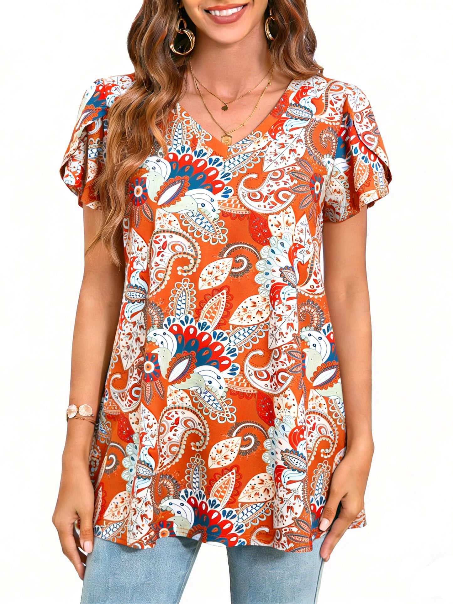 Sprinmer Womens Summer Blouses V Neck Loose Dressy Shirts Petal Short Sleeve Plus Size Tunic Tops