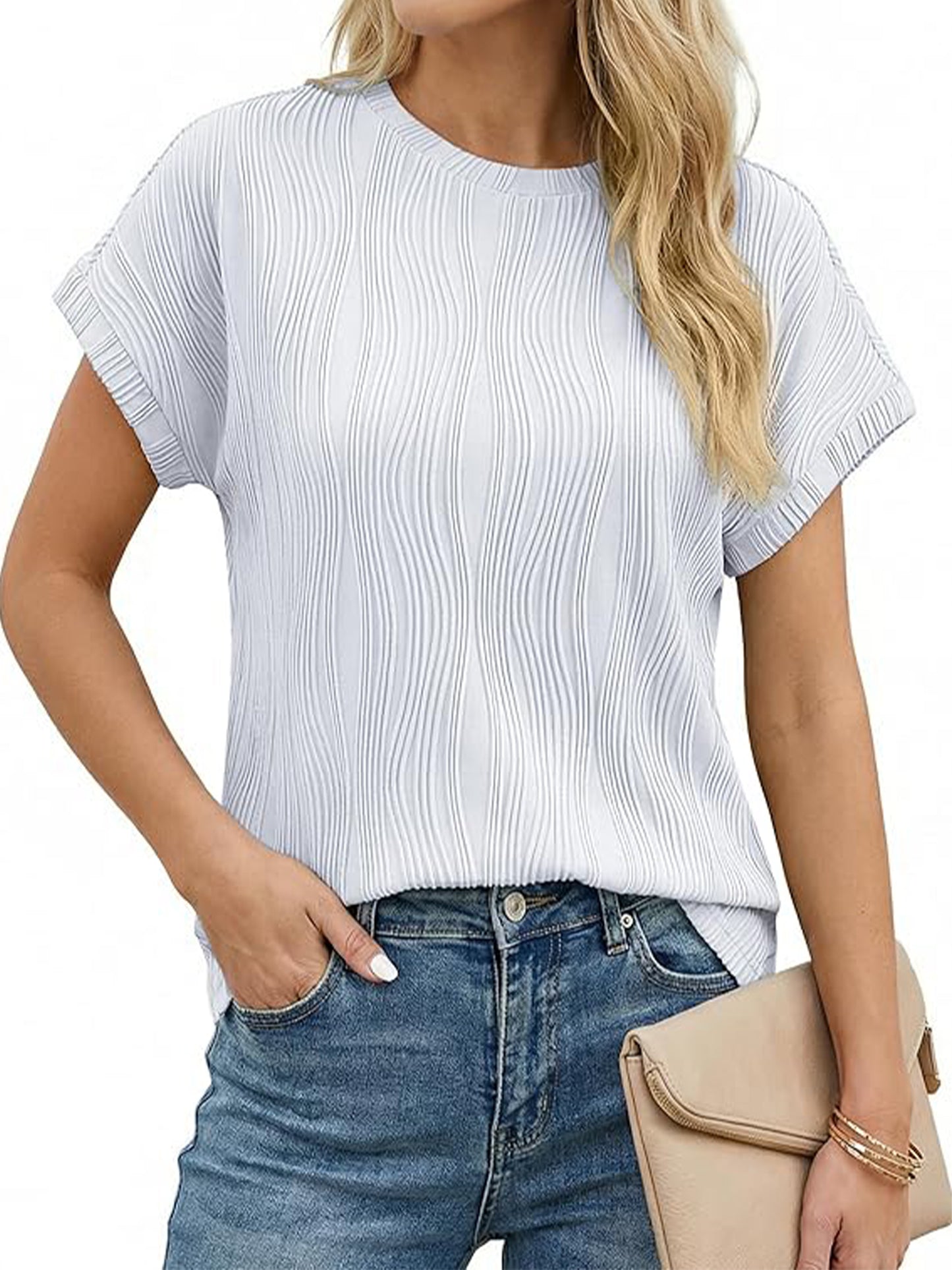 Sprinmer Womens Crewneck Textured Blouse Cap Sleeve Casual Summer Tops Solid Tee Shirt White L