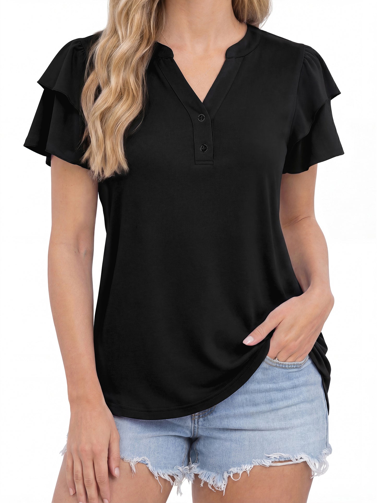 Sprinmer Womens Tops Dressy Casual Ruffle Short Sleeve V Neck Blouses Summer Button Down Business Work Elegant Shirts