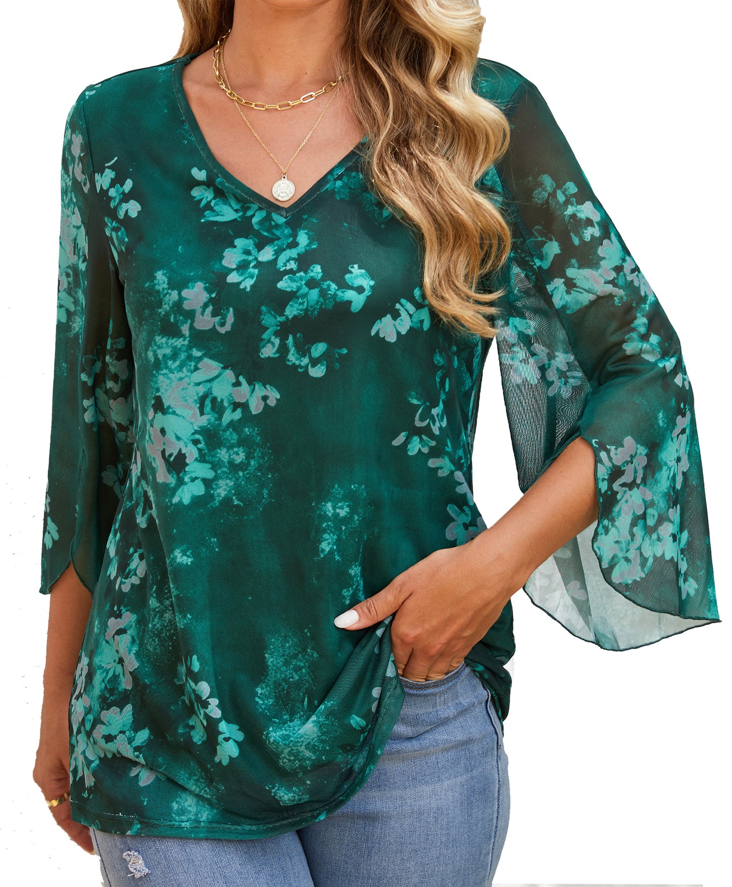 Sprinmer 3/4 Sleeve Dressy Blouses for Women Ruffle Double Layers Mesh V Neck Lightweight Tunic Tops