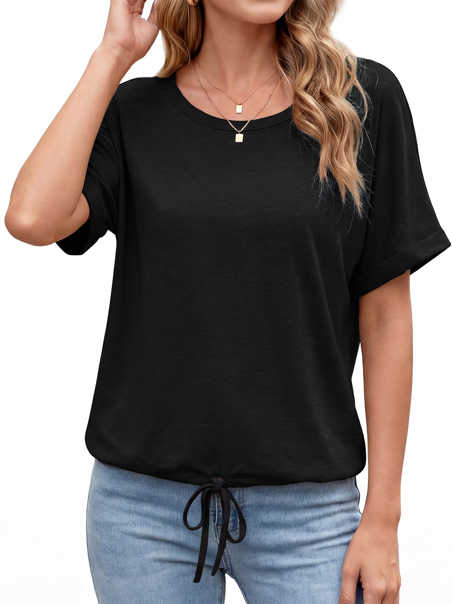 Sprinmer Blouses for Women Casual Short Sleeve Basic Tee Crewneck Dressy Tops Elastic Hem Summer T-Shirts