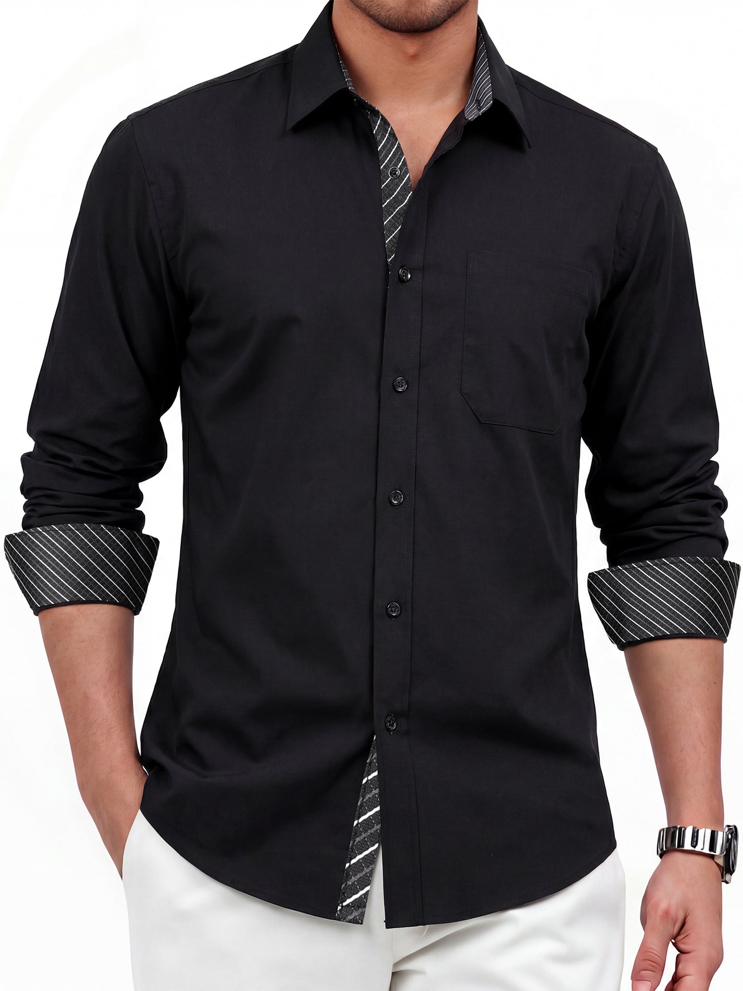 Mens Long Sleeve Dress Shirt Regular Fit Button Down with Inner Contrast for Weddings Business